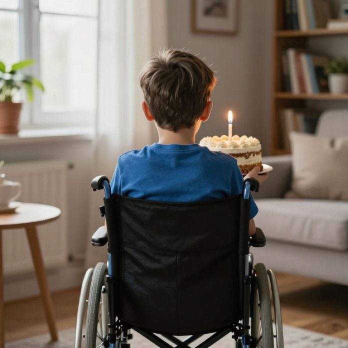 мальчик в инвалидной коляске, День рождения, торт