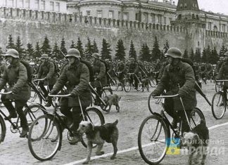 Военные собаководы на велосипедах. Парад на Красной площади, Москва, 1 мая 1938г. Фото: wikipedia.org